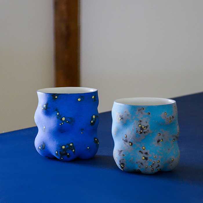 Kadri Pärnamets, “Cups”, 2020, porcelain, slip, glaze, 4 x 4 x 4″